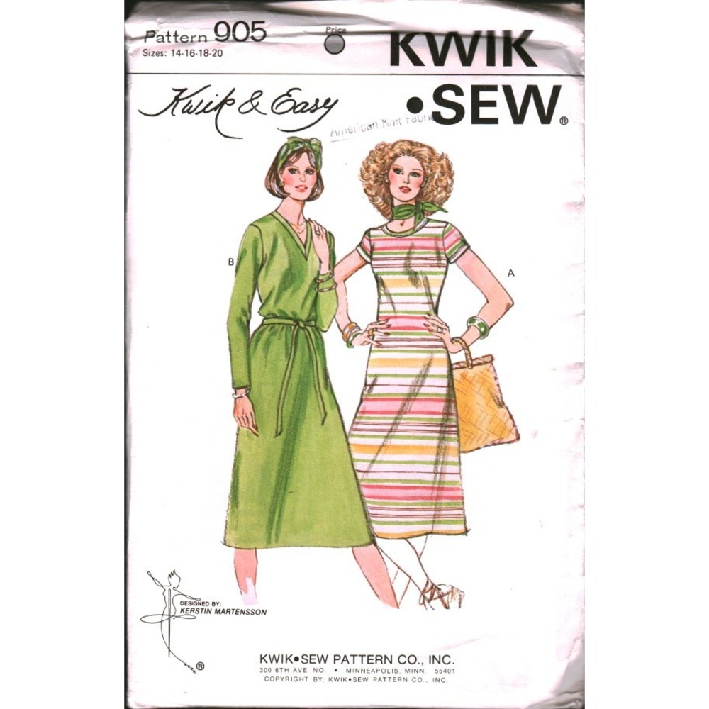 Vintage Kwik Sew 905 T-Shirt Dress Sewing Pattern Kerstin Martensson Size 14-20